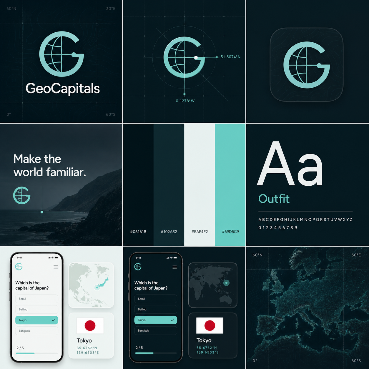 GeoCapitals Coordinate-G identity, typography, colors, icon, and cartographic application