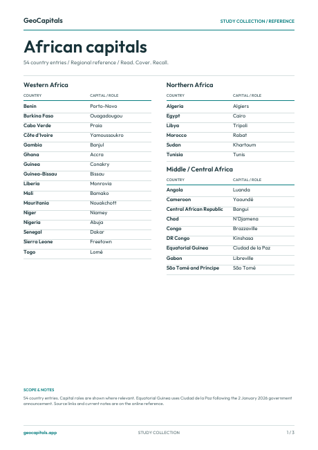 First page of the african capitals guide, with regional reference tables
