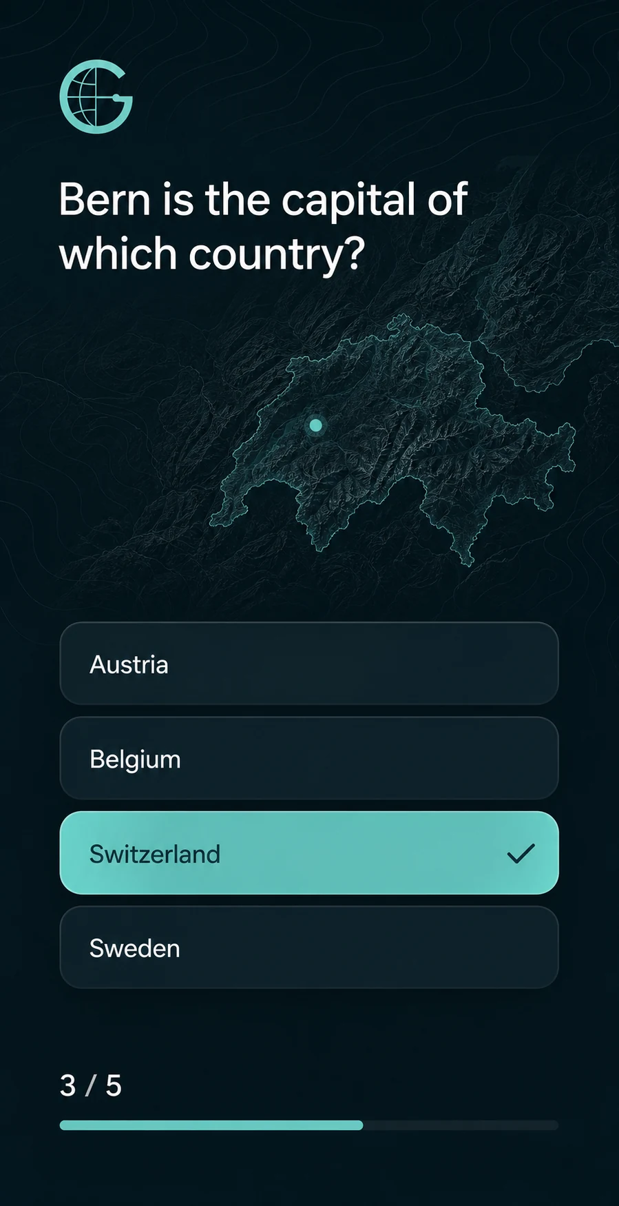 Capital to Country quiz screen