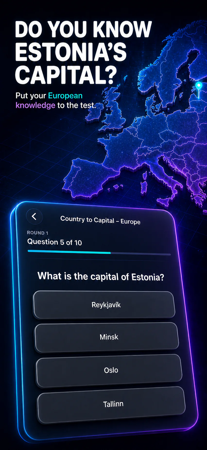 Country to Capital quiz asking for Estonia's capital