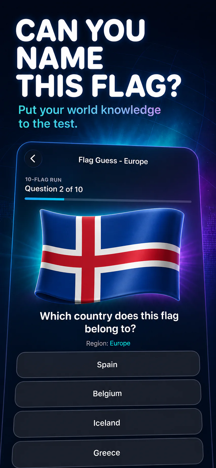 Flag Guess quiz showing Iceland's flag