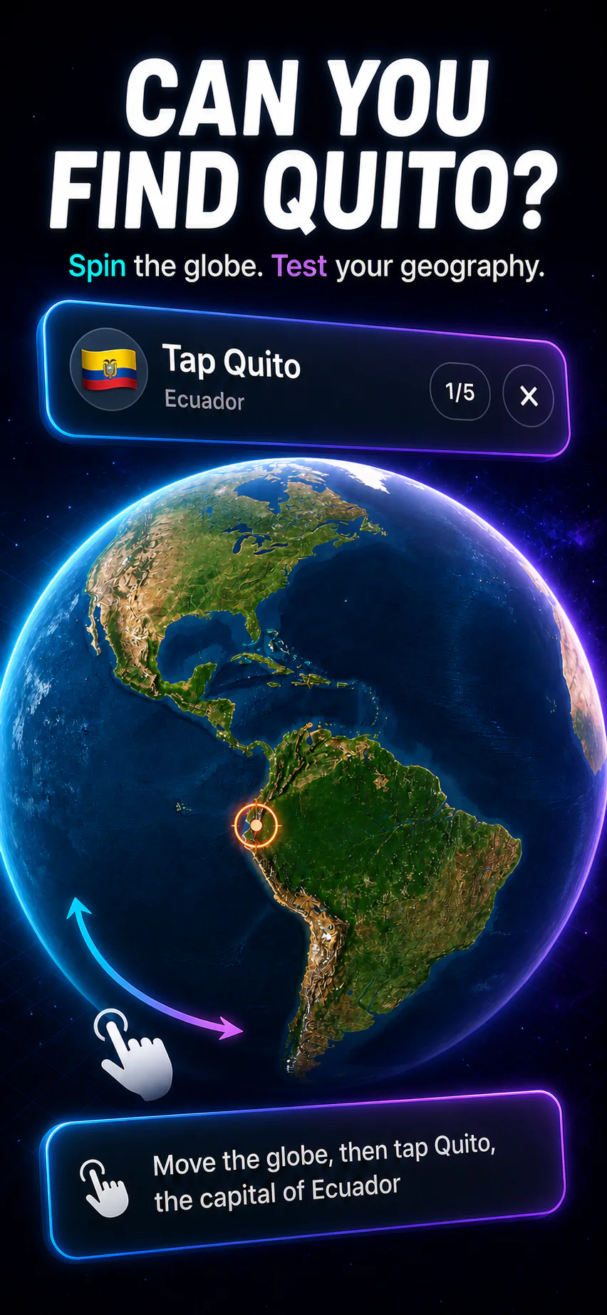Map Guess challenge asking the learner to find Quito