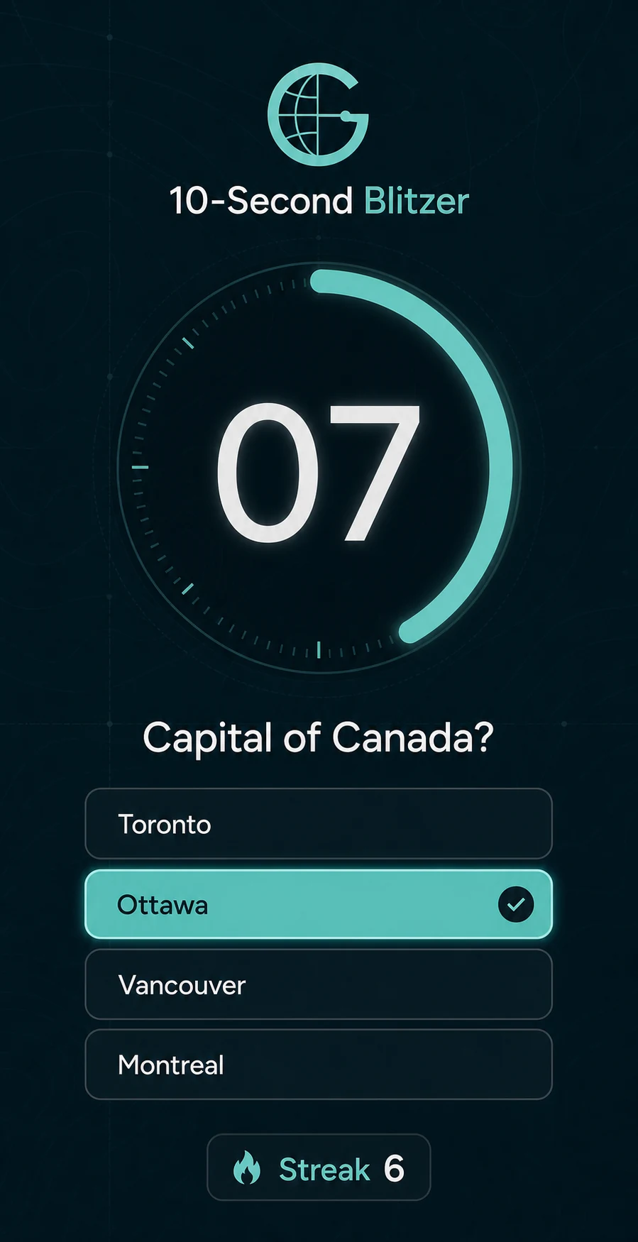 10-Second Blitzer quiz screen