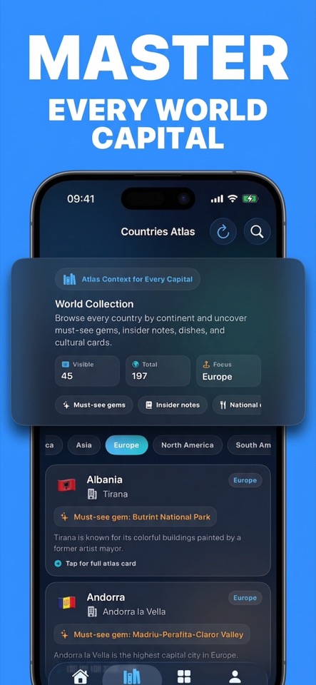 GeoCapitals atlas screen with country list and capital cards