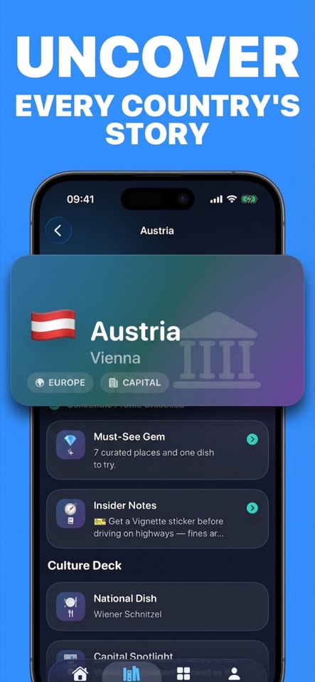 GeoCapitals country story card showing Austria and cultural facts