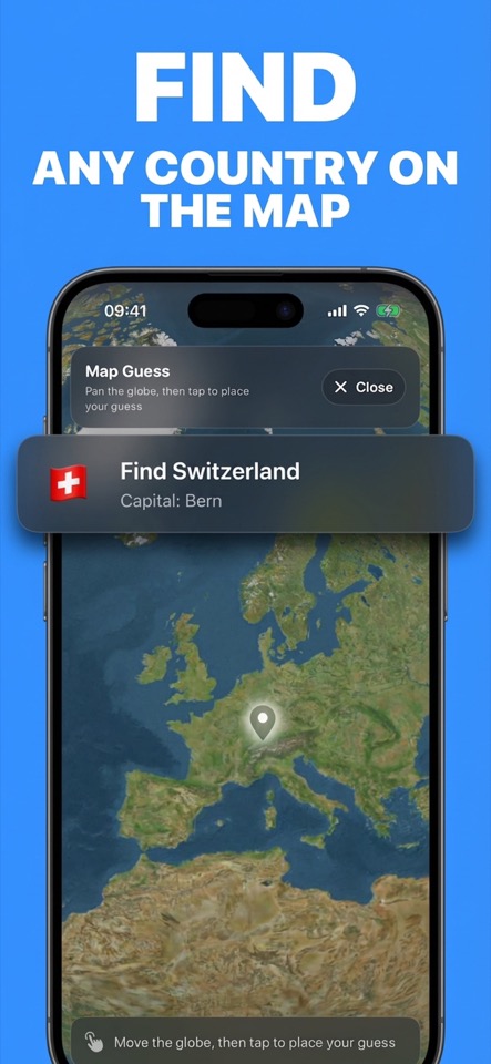 GeoCapitals Map Guess screen showing Switzerland on the map