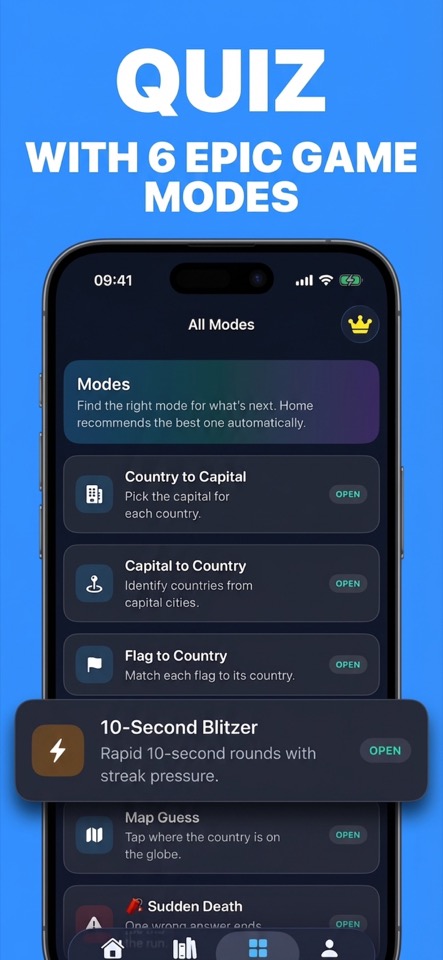 GeoCapitals modes screen showing quiz choices